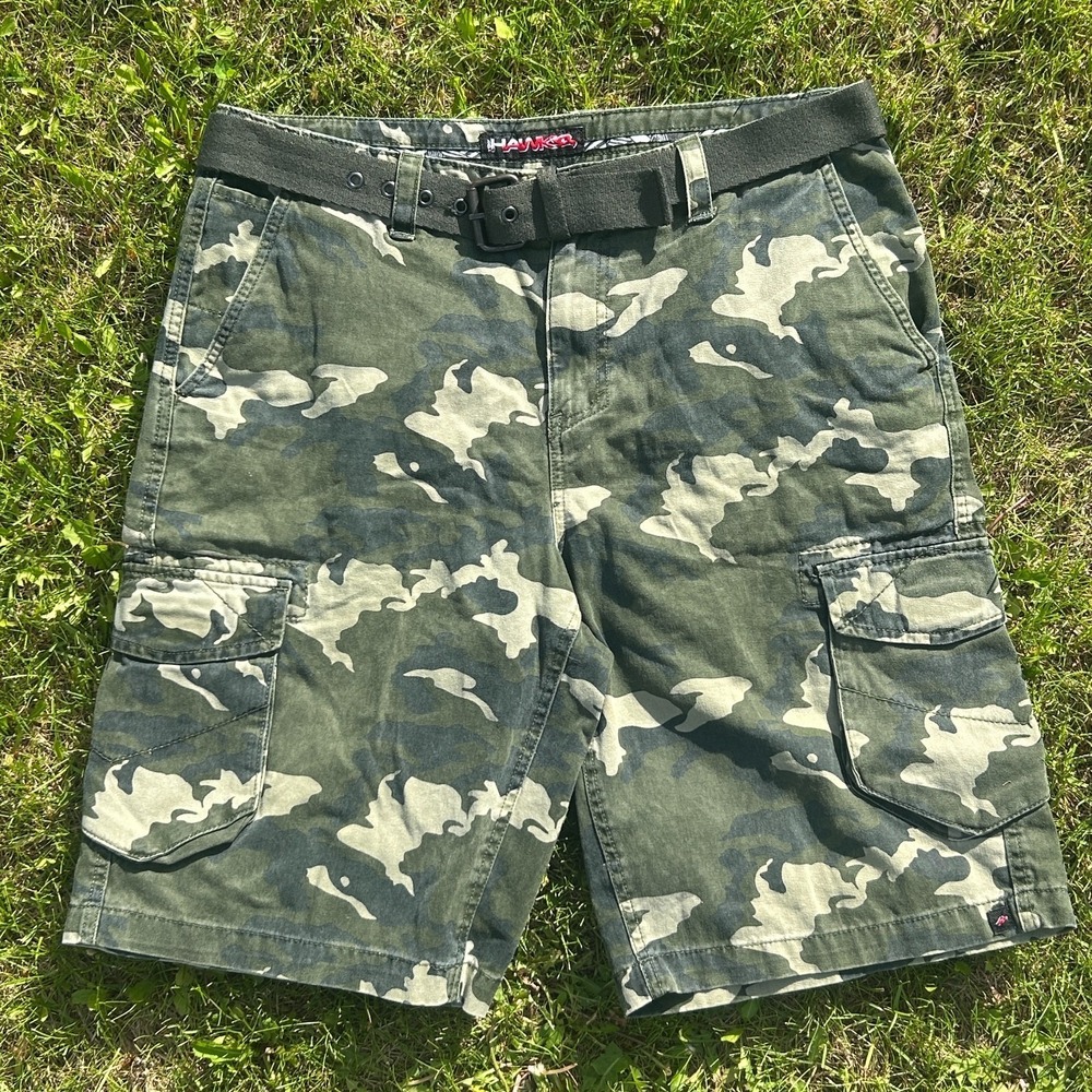 Vintage Tony Hawk Cargo Shorts Mens 34 Green Camo Skater Baggy Military Y2K Belt